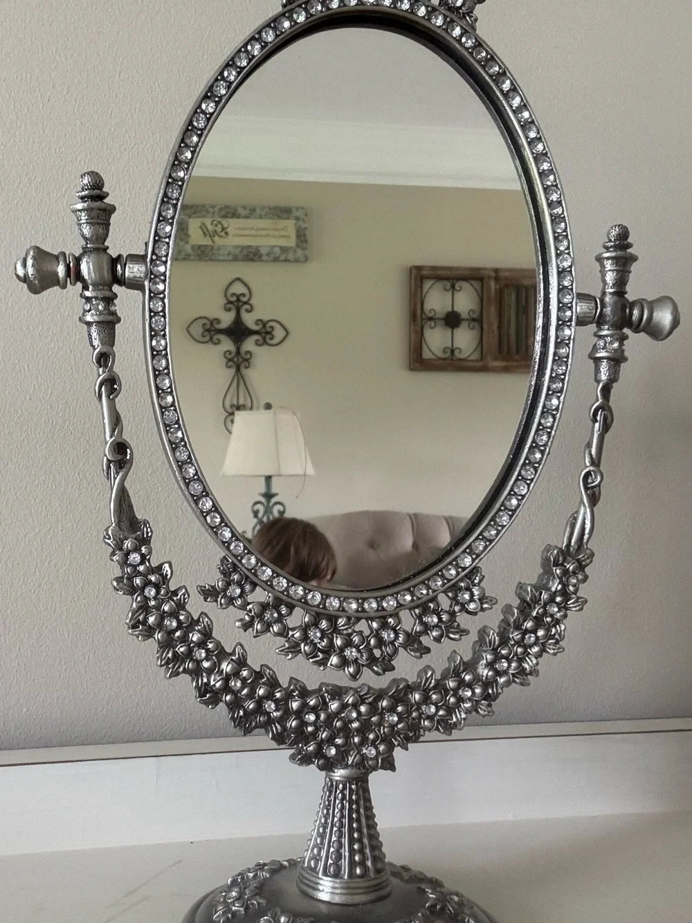 Ornate Silver Floral Oval Vanity Mirror